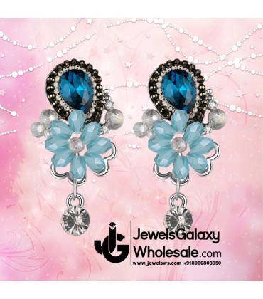 Platinum Plated Blue Floral AD Drop Earrings