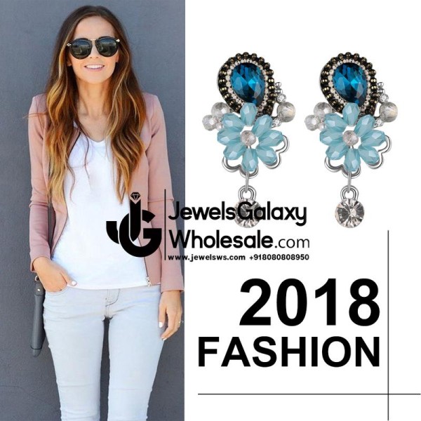 Platinum Plated Blue Floral AD Drop Earrings