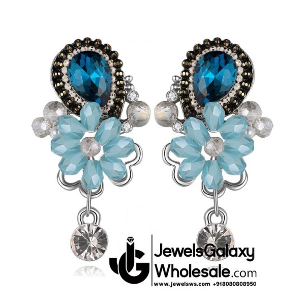 Platinum Plated Blue Floral AD Drop Earrings