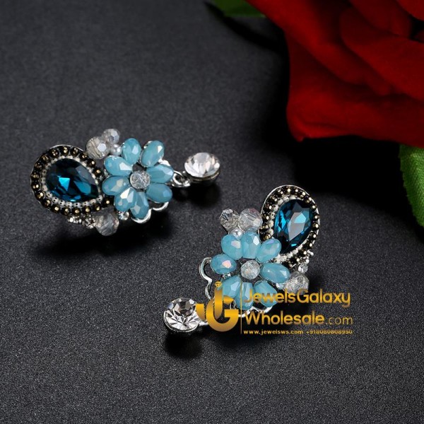 Platinum Plated Blue Floral AD Drop Earrings