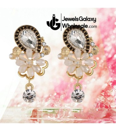 Gold Plated Peach Floral AD Drop Earrings