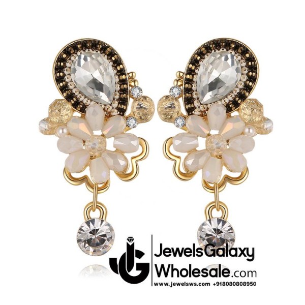 Gold Plated Peach Floral AD Drop Earrings