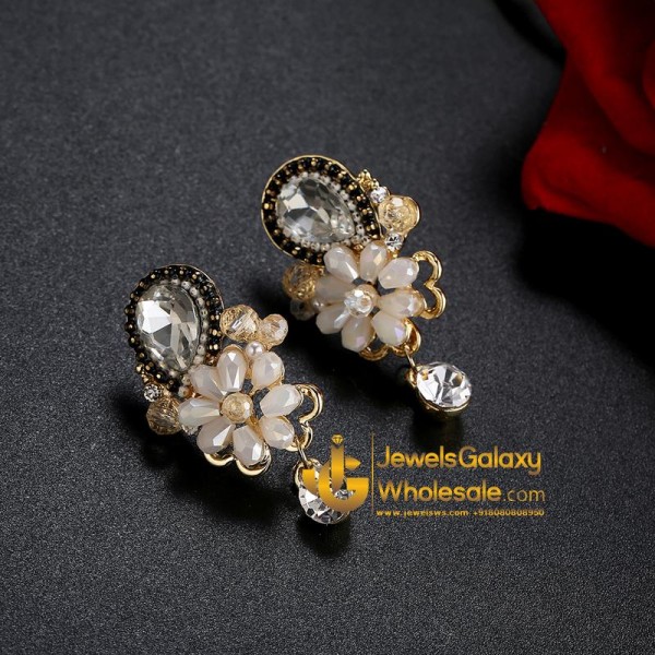 Gold Plated Peach Floral AD Drop Earrings