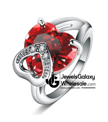 Platinum Plated American Diamond Red Heart Fashion Ring