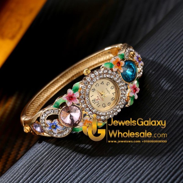 Gold Plated Multicolour Crystal AD Bracelet Watch