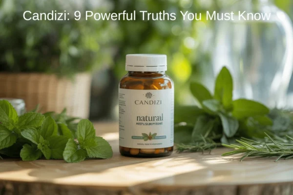 candizi supplement bottle on wooden table with natural herbs