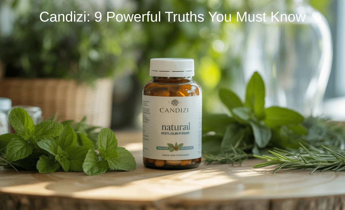 candizi supplement bottle on wooden table with natural herbs