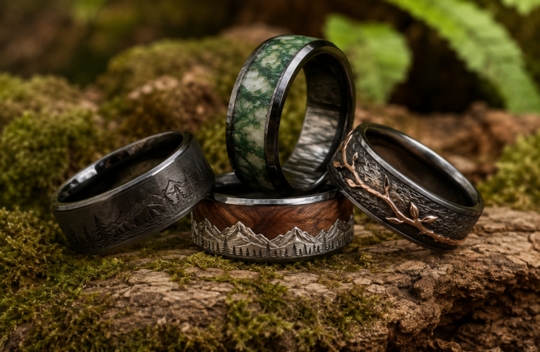 Nature inspired men's wedding rings on moss and bark